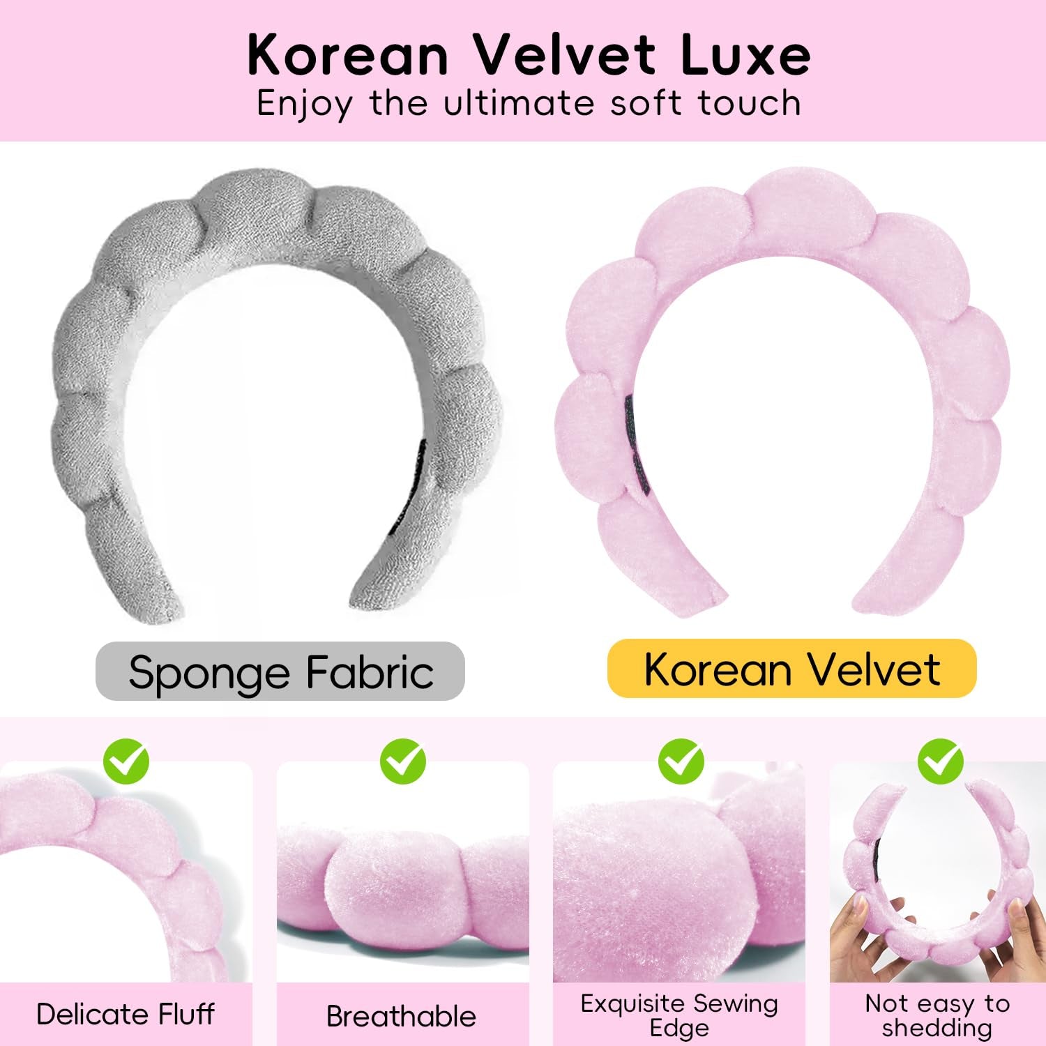 Spa Headband for Washing Face, Skincare Headband with Hair Clips, Cute Skincare Headband and Wristband Set for Women, Soft-Puffy Velvet Makeup Headbands, for Face Washing, Makeup, Skincare (Pink)