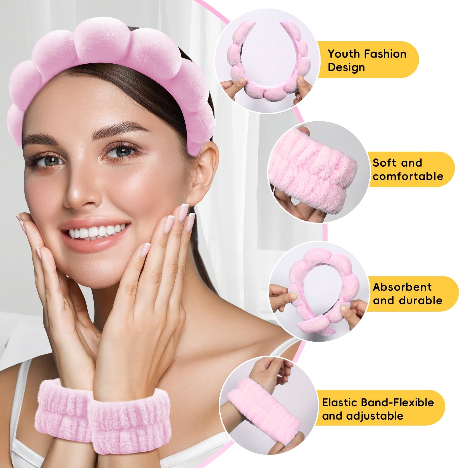 Spa Headband for Washing Face, Skincare Headband with Hair Clips, Cute Skincare Headband and Wristband Set for Women, Soft-Puffy Velvet Makeup Headbands, for Face Washing, Makeup, Skincare (Pink)