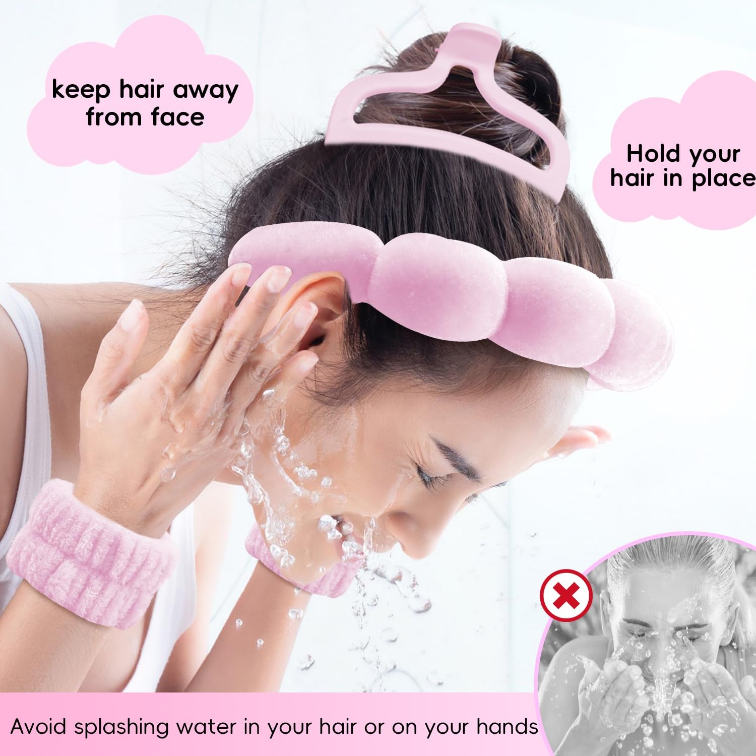 Spa Headband for Washing Face, Skincare Headband with Hair Clips, Cute Skincare Headband and Wristband Set for Women, Soft-Puffy Velvet Makeup Headbands, for Face Washing, Makeup, Skincare (Pink)